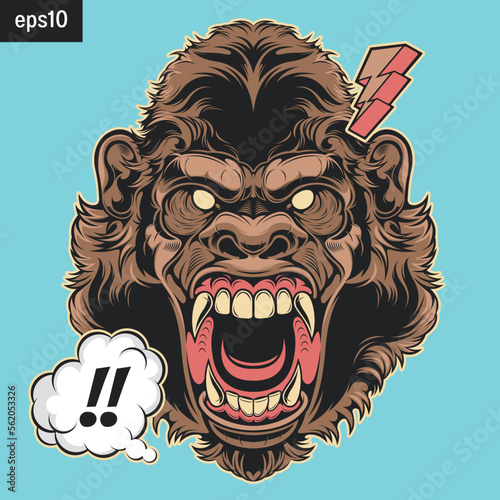 ferocious angry gorilla monkey face hand drawn illustration, graphic t-shirt, tattoo, cartoon stickers, street art, comic textile artwork for fabric print, clothes, bag