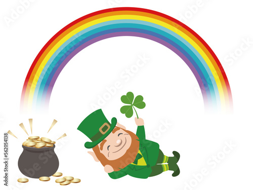 Vector St. Patrick’s Day Symbol Illustration With A Leprechaun, A Rainbow, And A Pot Of Gold Isolated On A White Background. 