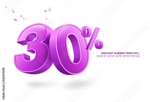 30% discount template, 3D letters, used for promotional advertisements in special sales. Isolated on white background. Realistic vector file.