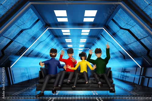 Group of friends enjoy virtual reality with VR glasses in sci fi spaceship, cinema and gamming, 3D rendering. photo