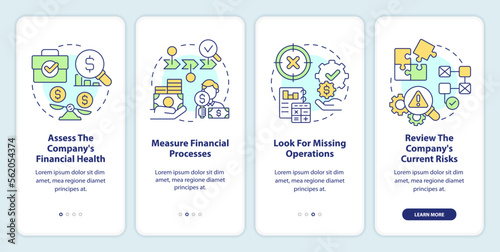 Determining treasury management need onboarding mobile app screen. Walkthrough 4 steps editable graphic instructions with linear concepts. UI, UX, GUI template. Myriad Pro-Bold, Regular fonts used
