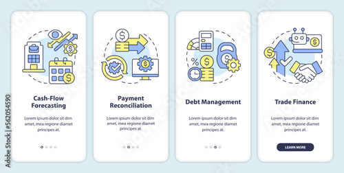 Treasury management system functions onboarding mobile app screen. Walkthrough 4 steps editable graphic instructions with linear concepts. UI, UX, GUI template. Myriad Pro-Bold, Regular fonts used