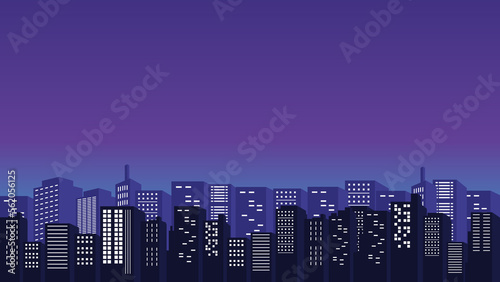 Panorama of the city with views of the purple sky and lots of high rise malls and offices