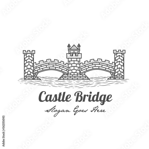 Vintage line art outline logo of bridge, old bridge, castle bridge, pedestrian bridge. photo