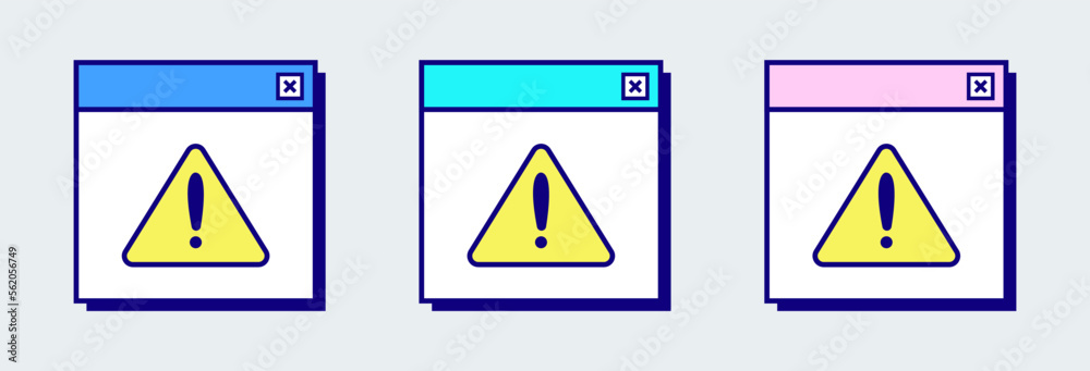 Warning pop up window template in retro design style. Warning notification messages. Warning pop up window template in retro design style. Warning notification messages.