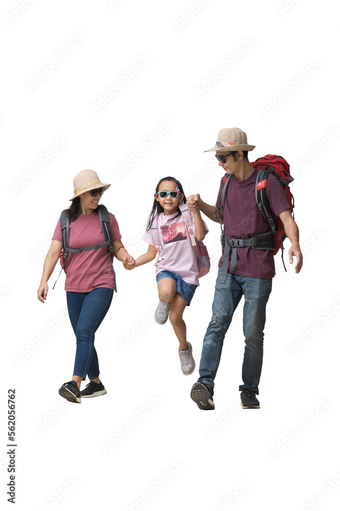Family Travel Concept, Full body Happy asian family vacation, Father, mother and little daughter ready for vacation trip, isolated background - obrazy, fototapety, plakaty 