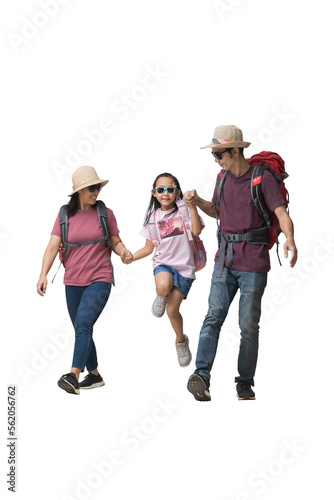 Family Travel Concept, Full body Happy asian family vacation, Father, mother and little daughter ready for vacation trip, isolated background