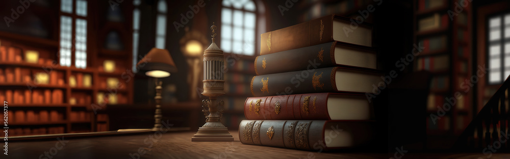 wide banner of old vintage library stack of antique books on old wooden table in fantasy medieval period with copyspace - obrazy, fototapety, plakaty 