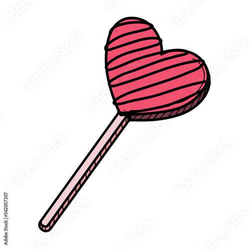 Hand drawn heart shaped sweet lollipop hard candy on a stick vector illustration. Cute romantic Valentines day doodle isolated on white.