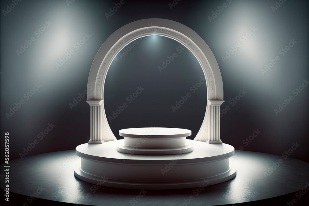 Abstract white 3D room with realistic cylinder pedestal podium set. Created with Generative AI technology. Abstract white 3D room with realistic cylinder pedestal podium set. Created with Generative AI technology.