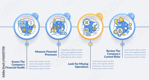 Determining treasury management need blue circle infographic template. Data visualization with 4 steps. Editable timeline info chart. Workflow layout with line icons. Lato-Bold, Regular fonts used