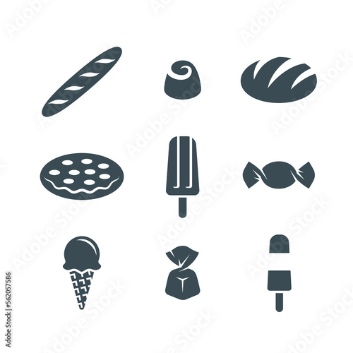 Bake shop products icons. Baguette, round bread, pizza, chocolate candy, wrapped sweets, ice cream cone, ice popsicle. Simple silhouette pictograms for bakery or bakehouse