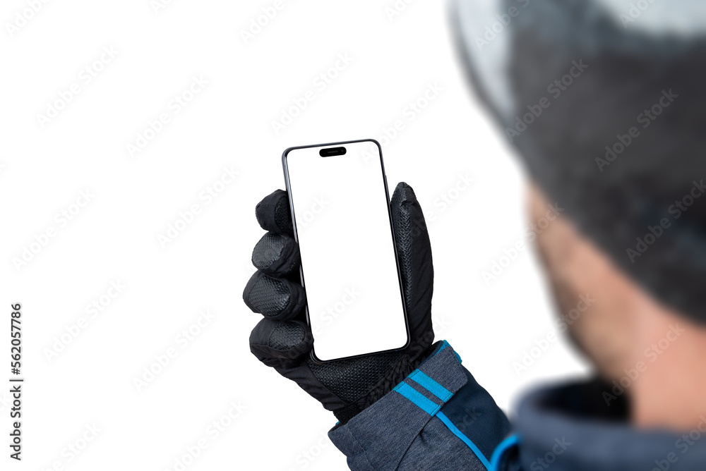 Winter phone mockup in man hand with jacket, gloves and hat. Isolated display and background for app presentation