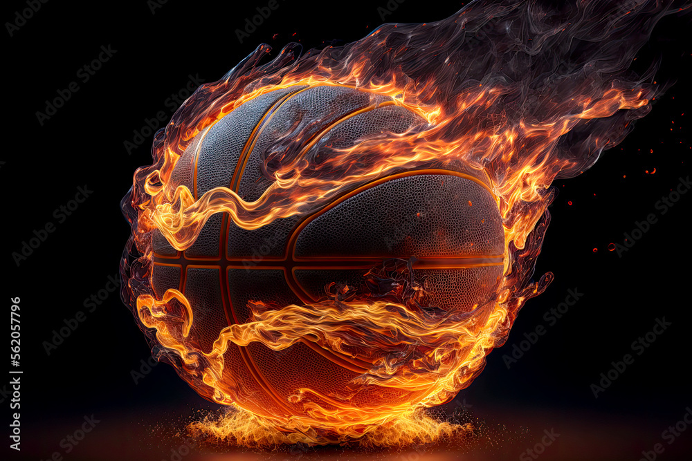 Generative AI of a Glowing Ball Burning on Fire in Orange Flames, Giving off Heat and Smoke for Competitive Basketball: A Visual representation of the Madness and Excitement of the Game
 - obrazy, fototapety, plakaty 