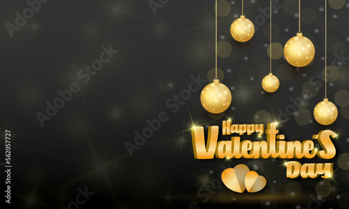 valentines day background. luminous golden ornament with hanging hearts and balls. Vector illustration