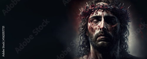 Jesus Christ, Savior of mankind. Banner. 5:2 10667x4267. Generative AI 