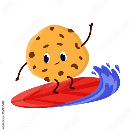Cute shortbread cookies with chocolate chips food character on surfboard cartoon illustration. Funny surfer, enjoying outdoor activity. Summer, extreme water sport concept