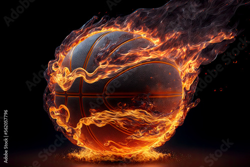 Generative AI of a Glowing Ball Burning on Fire in Orange Flames, Giving off Heat and Smoke for Competitive Basketball: A Visual representation of the Madness and Excitement of the Game
