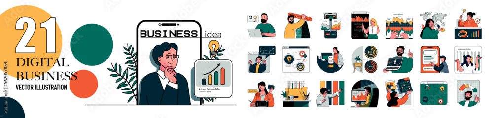 Digital business concept with character situations collection. Bundle of scenes people making data analysis, creating online company, developing, advertising. Vector illustrations in flat web design - obrazy, fototapety, plakaty 