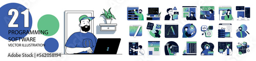 Programming software concept with character situations collection. Bundle of scenes people coding and testing, creating programs and apps, working IT industry. Vector illustrations in flat web design