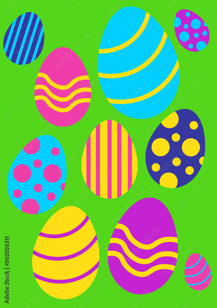 Easter eggs, postcard, vector. Colored Easter eggs with patterns on a green background.