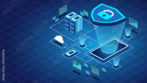 Obraz na plátně Digital Isometric Server Security and data sever on blue background