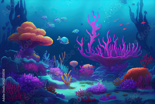 underwater coral reef seascape background with small coloful fish and clear water