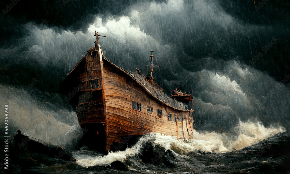 Noah's ark in a stormy sea painting. Generative AI illustration - obrazy, fototapety, plakaty 