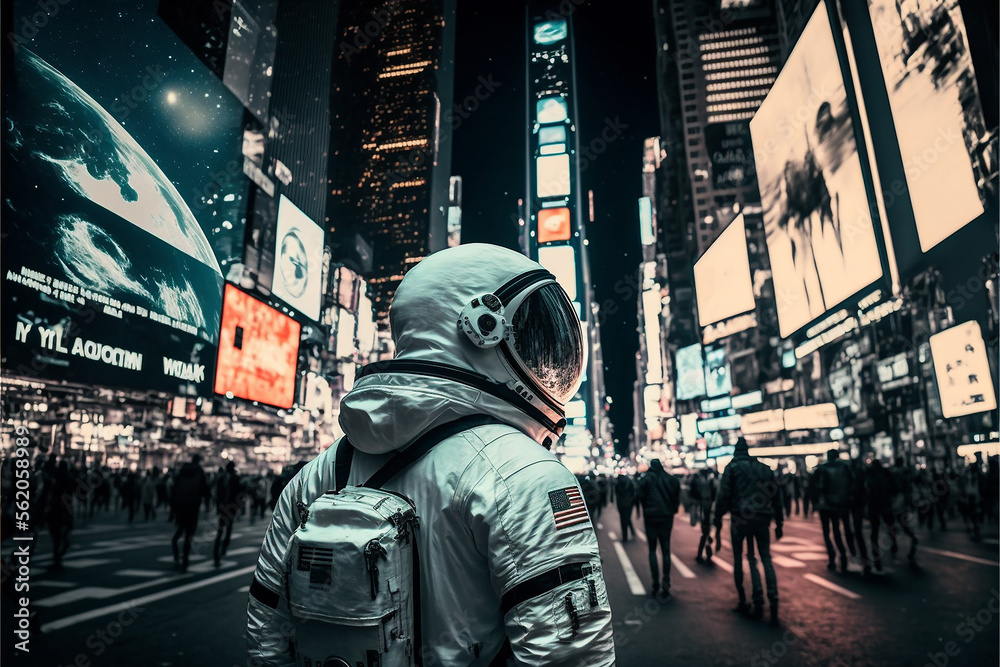 photography astronaut in skyscraper city. Ai generated art