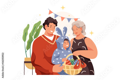 Selebration of Easter holiday with family. Vector banner.