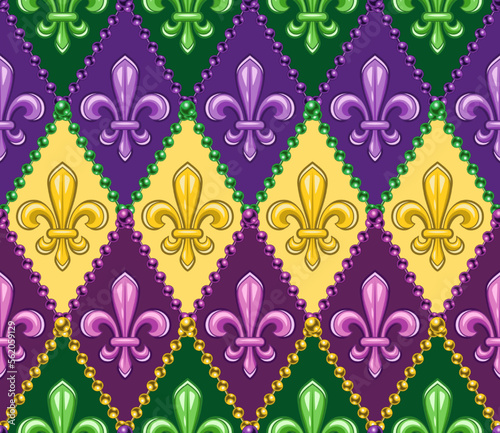 Set of geometric patterns with fleur de lis symbol. Diagonal rhombus grid. Illustration for Mardi Gras carnival. Vintage illustration for prints, clothing, holiday, surface design