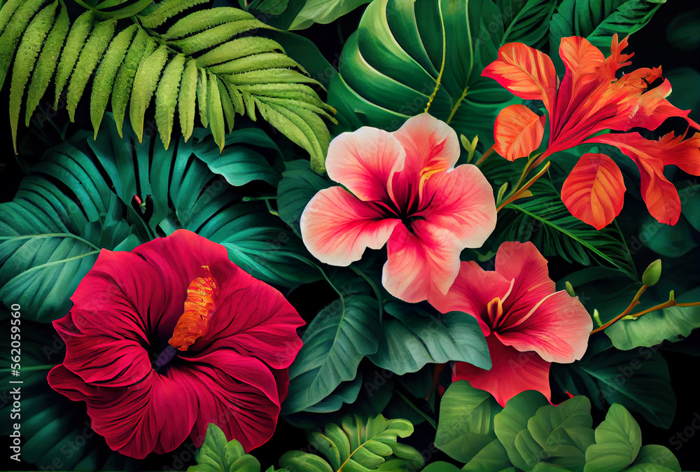 tropical leaves greenery with green leaves and red hibiscus flowers