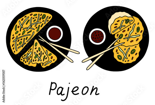 Pajeon with soy sauce and food sticks on the plate, korean traditional food. Vector set with lettering.