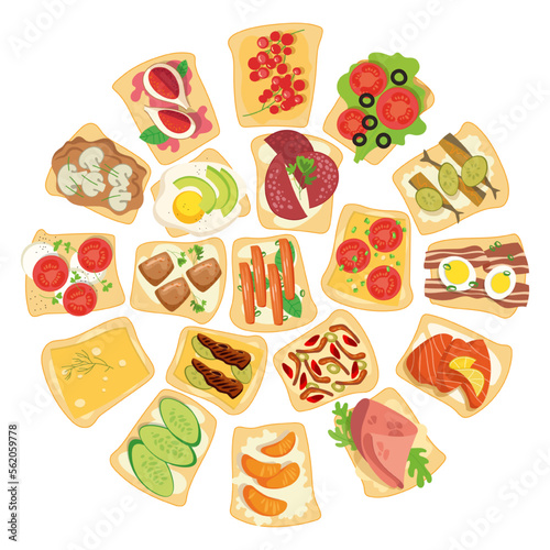 Circular pattern with tasty healthy toasts vector illustration. Cartoon drawings of bread with different ingredients, fish, vegetables, eggs on white background. Breakfast, food concept