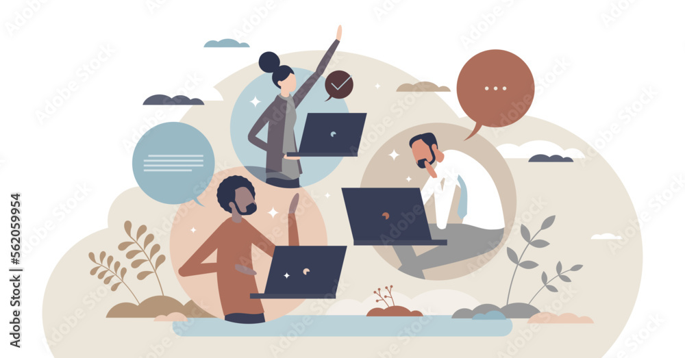 Hybrid team colleagues with distant online video call tiny person concept, transparent background. Business project meeting using online messaging for distant work illustration. Hybrid team colleagues with distant online video call tiny person concept, transparent background. Business project meeting using online messaging for distant work illustration.
