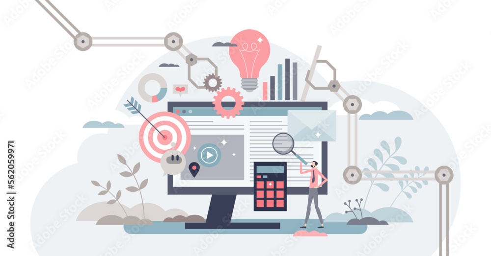 Marketing automation with scheduled social media posts tiny person concept, transparent background. Reach target audience with content generation for online platform illustration.