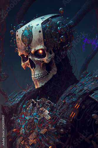 skeleton wearing a helmet, cyberpunk art