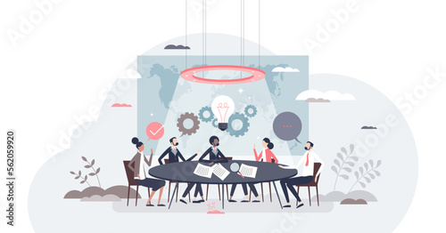 Council meeting and CEO head discussion and brainstorm tiny person concept, transparent background. Headquarters leaders conversation about company future illustration.