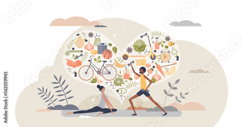 Healthy habits lifestyle as diet eating and active sport tiny person concept, transparent background. Exercises for good shape and balanced meals for body wellbeing and vitality illustration.