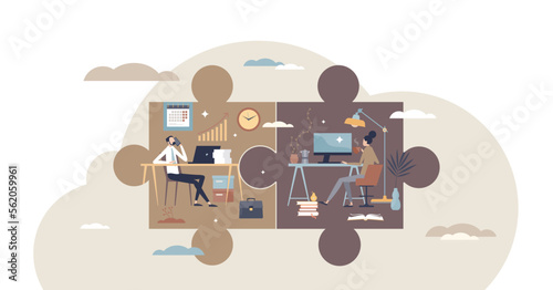 Hybrid work with part time job from home and office tiny person concept, transparent background. Scheduled workspace location for flexibility and efficiency illustration.