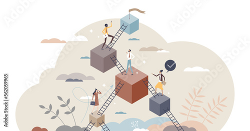 Leveling up and career development with progress stairs tiny person concept  transparent background.Skills and professional improvement as upward raising steps illustration.