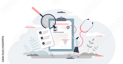 Medical history and health record paper for hospital doctor tiny person concept, transparent background. Document with patient disease or illness progress, diagnosis and treatment illustration.