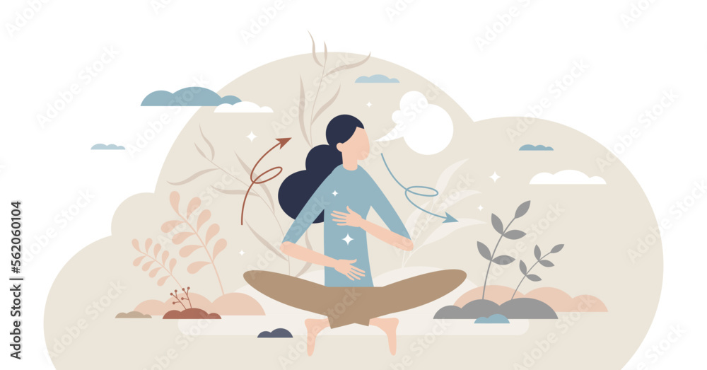 Breathe in air as healthy mindfulness practice for calm tiny person concept, transparent background. Meditation with easy breathing for inner energy focus and stress control illustration.