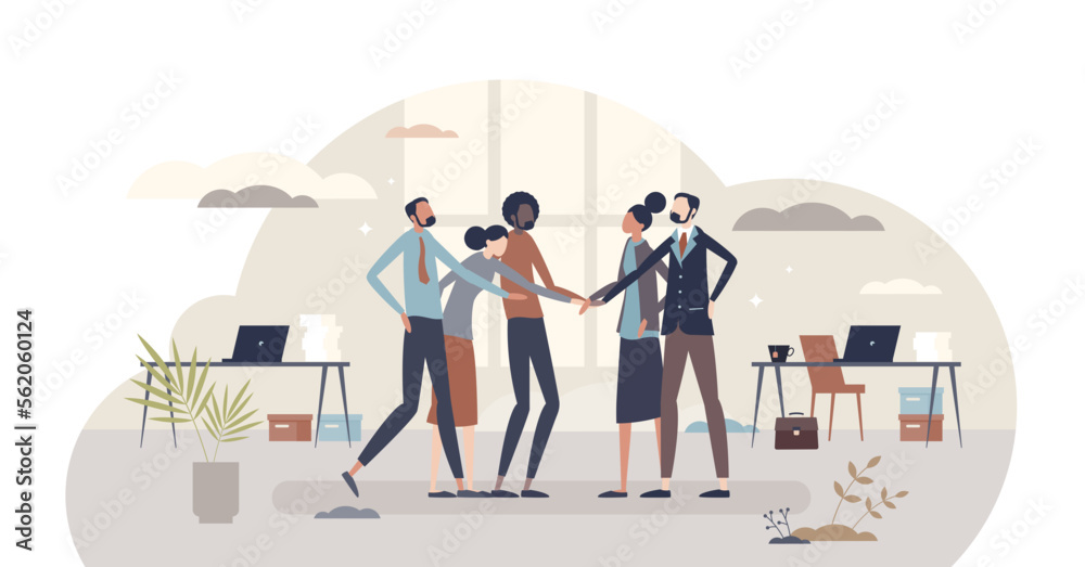 Company culture ideology and multicultural business values tiny person concept, transparent background. Professional work goals, attitudes and practices illustration. - obrazy, fototapety, plakaty 