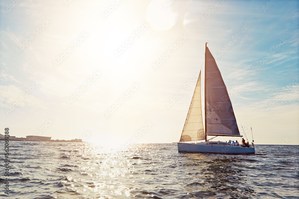 Mockup, sunset and a yacht at sea for travel, tourism or a luxury summer vacation outdoor. Blue sky, water and wave with a boat on the ocean in nature for an adventure, holiday or getaway with flare - obrazy, fototapety, plakaty 