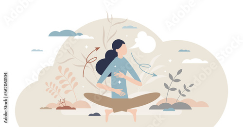 Breathe in air as healthy mindfulness practice for calm tiny person concept  transparent background. Meditation with easy breathing for inner energy focus and stress control illustration.