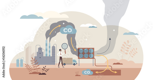 Carbon capture as CO2 reducing with emission utilization tiny person concept, transparent background. Greenhouse gas pollution control with sequestration process illustration.