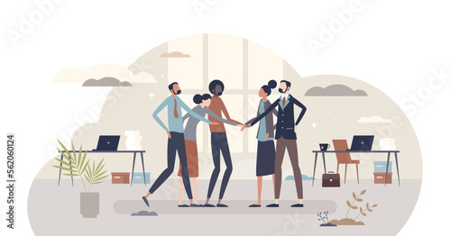 Company culture ideology and multicultural business values tiny person concept, transparent background. Professional work goals, attitudes and practices illustration.
