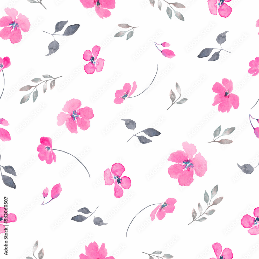 Watercolor seamless pattern with  abstract purple flowers, gray leaves. Hand drawn floral illustration isolated on white background. 