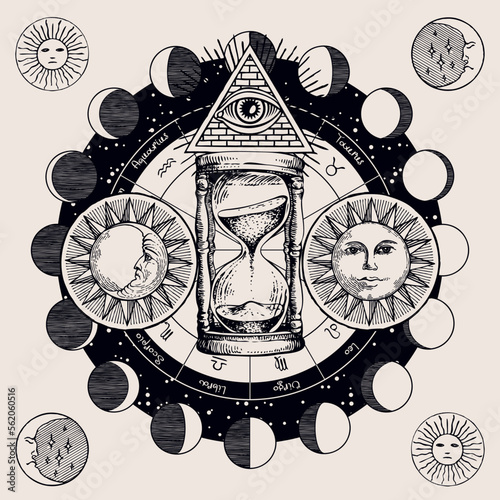 Vector circle of Zodiac signs with hand-drawn hourglass, Sun and and moon phases. Retro banner with horoscope symbols for astrological forecasts. Masonic symbol all-seeing eye